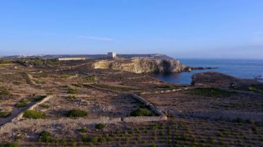 İnsansız hava aracı görüntüleri Malta 'daki Comino Adası' nın engebeli sahil şeridini çekiyor. Tarihi St. Mary Kulesi 'ne doğru uçuyor. Kireçtaşı kayalıkları ve mavi Akdeniz dramatik ve manzaralı bir kıyı manzarası yaratır..