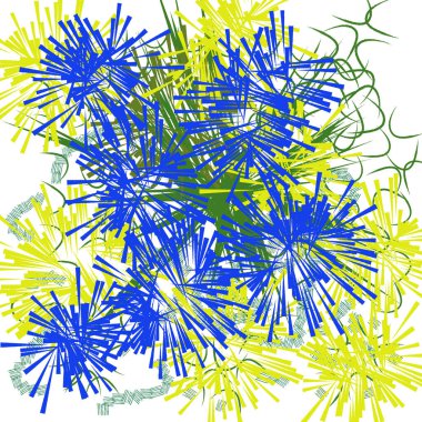Soyut çiçek patlaması deseni yeşil, sarı ve mavi ile beyaza karşı