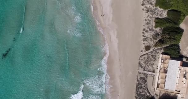 鳥の眼波と泡でターコイズブルーの海の海岸を歩いているカップルと本当に美しいビーチのドローンで見る — ストック動画