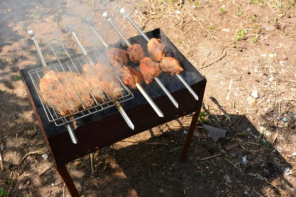 Подготовка, приготовление кебабов на древесном угле на открытом воздухе — стоковое фото