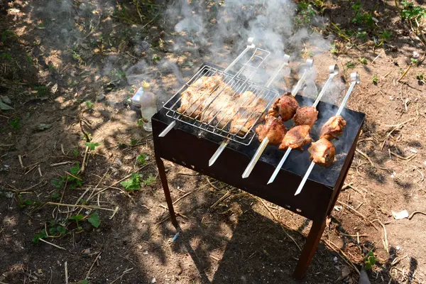 制备，烹调肉串，木炭户外 — 图库照片