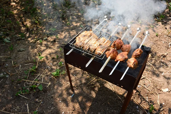 Förberedelse, matlagning kebab på kol utomhus — Stockfoto