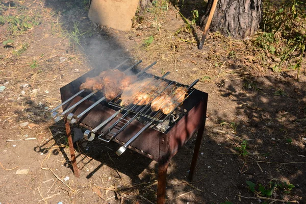 Preparação, Cozinhar kebabs em carvão ao ar livre — Fotografia de Stock