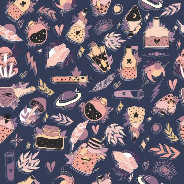 Cadılık temalı semboller ve elementler. Sihir ve göksel ilham kaynağı Kusursuz Düzen. Cadılar Bayramı Konsepti. Hediye Paketi. El çizimi vektör çizimi. Cadılar ve sihirbazlar için arka plan