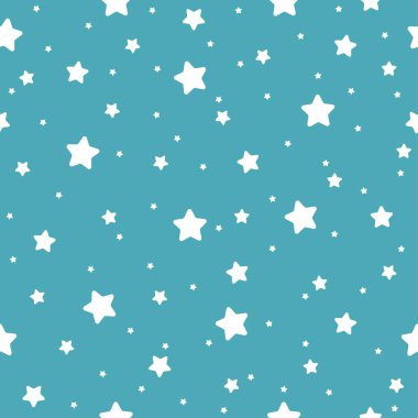 Star seamless pattern. White and blue retro background. Chaotic elements. Abstract geometric shape texture. Effect of sky. Design template for wallpaper,wrapping, textile. Vector Illustration