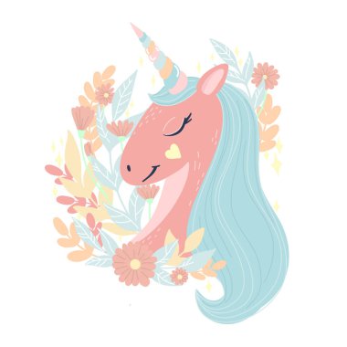 Güzel mavi yeleli şirin pembe tek boynuzlu at portresi. Vektör çizimi. Sevimli, uykulu tek boynuzlu at kafası. Gözleri kapalı, çiçekleri ve yaprakları çizilmiş.. 