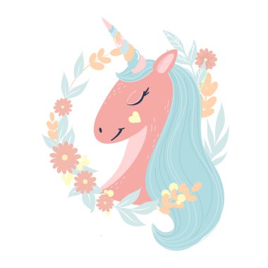 Renkli çiçeklerin içinde sevimli, sihirli, pembe tek boynuzlu at. Beyaz arkaplanda vektör tasarımı. Tişört için baskı. Çocuklar için romantik el çizimi.