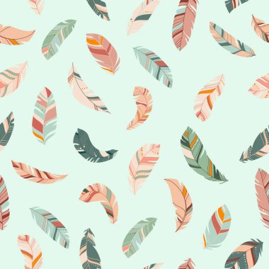 Parlak renkli tüyler, pürüzsüz desen. Pastel renklerde etnik boho dokusu. Hafif arkaplan. Vektör çizimi. Tekstil, baskı, kağıt, tişört tasarımı için harika