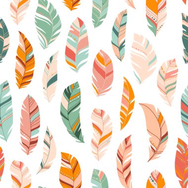 Parlak renkli tüyler, pürüzsüz desen. Pastel renklerde etnik boho dokusu. Hafif arkaplan. Vektör çizimi. Tekstil, baskı, kağıt, tişört tasarımı için harika