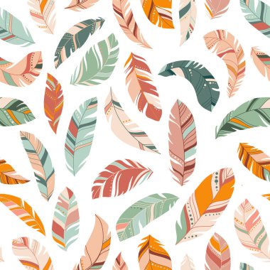 Parlak renkli tüyler, pürüzsüz desen. Pastel renklerde etnik boho dokusu. Hafif arkaplan. Vektör çizimi. Tekstil, baskı, kağıt, tişört tasarımı için harika