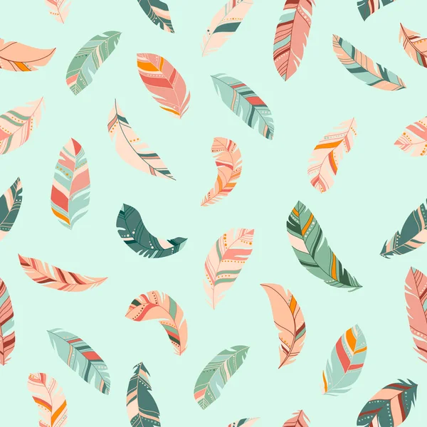 Parlak renkli tüyler, pürüzsüz desen. Pastel renklerde etnik boho dokusu. Hafif arkaplan. Vektör çizimi. Tekstil, baskı, kağıt, tişört tasarımı için harika