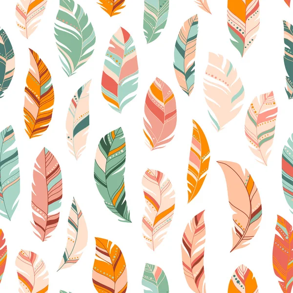 Parlak renkli tüyler, pürüzsüz desen. Pastel renklerde etnik boho dokusu. Hafif arkaplan. Vektör çizimi. Tekstil, baskı, kağıt, tişört tasarımı için harika