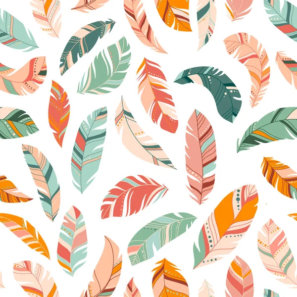 Parlak renkli tüyler, pürüzsüz desen. Pastel renklerde etnik boho dokusu. Hafif arkaplan. Vektör çizimi. Tekstil, baskı, kağıt, tişört tasarımı için harika