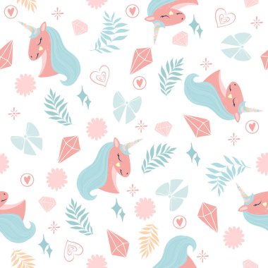 Tek boynuzlu atların, kristallerin, kalplerin, yıldızların ve yayların olduğu çocuksu, pürüzsüz bir şekil. Vektör çizimi. Beyaz arka planda pembe ve mavi elementler. Çocuklar için basit bir süs. Hoş bahar dokusu