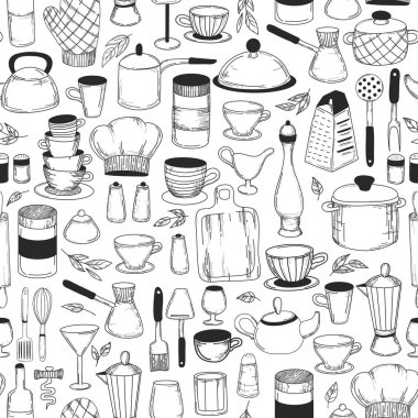 Eski, kusursuz bir arka plan. Mutfak aletleri. Mürekkeple elle çizilmiş çizim aletleri. Duvar kağıdı, kalıp dolguları, tekstil, web sayfası arka planı, yüzey dokuları için kullanılabilir. Vektör illüstrasyonu