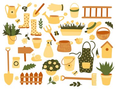 Bahçıvanlar Bahçecilik ve Tarımsal İzole Edilmiş Vektör Resimleri için Düz El Çizim Tarzı Malzemeleri Gerekiyordu. Yeşil ve sarı renkli Bahçe Araçları Koleksiyonu.