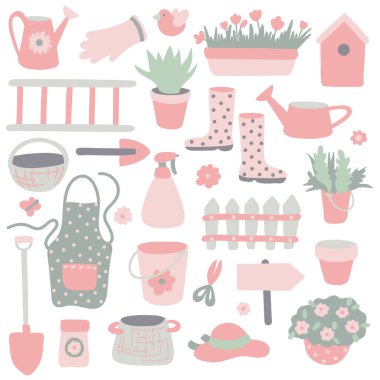 Yeşil ve pembe renkli bahçe aletleriyle şirin bir yay seti. Bahçe işleri için tahsilat. Çiftlik canlı yayında. Beyaz arkaplanda izole edilmiş vektör düz el çizimi.