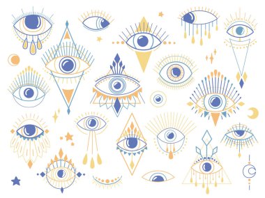 Providence Set Gözü. Büyücülük sembolü. Şeytani gözler koleksiyonu. Büyülü gizemli din kutsal geometri sembolü vektör illüstrasyonu. Beyaz arkaplanda mavi, sarı, bej simge. 