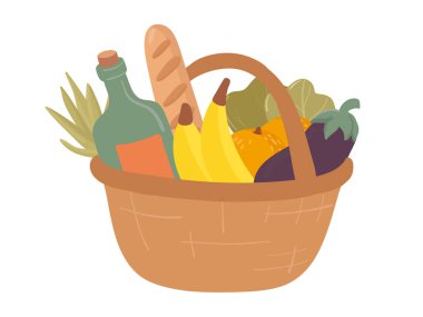 Alışveriş sepeti çizilmiş düz vektör çizimleri. Market alışverişi, içinde ürünler olan paket. Su şişesi, ekmek, meyve, sebze, patlıcan, muz. Doğal gıda, organik meyve ve sebze..