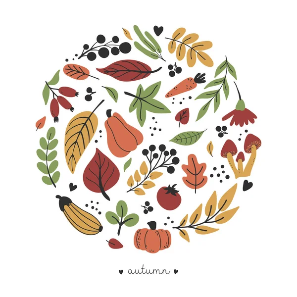 Collection Automne Cercle Fruits Feuilles Fleurs Légumes Ensemble Plat Dessiné — Image vectorielle