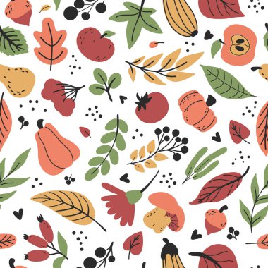 Sonbahar deseni: meyveler, yapraklar, çiçekler, sebzeler. Sonbahar düz dokusu yeşil, kırmızı, sarı, turuncu renklerde. Vektör illüstrasyonu