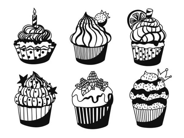 Muffins Noirs Blancs Sertis Différentes Décorations Crème Garniture Baies Agrumes — Image vectorielle