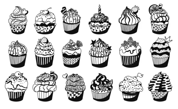 Muffins Noirs Blancs Sertis Différentes Décorations Crème Garniture Baies Agrumes — Image vectorielle