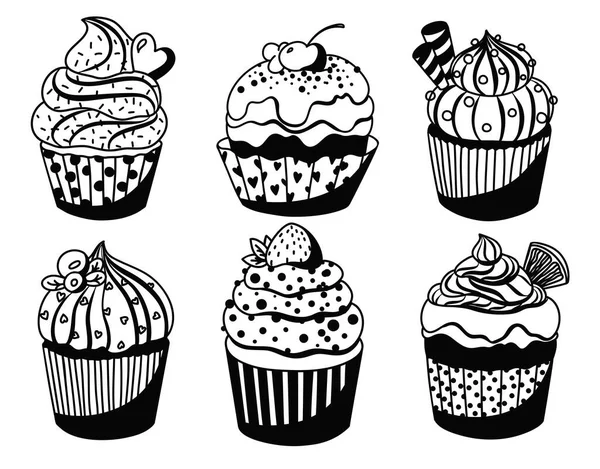 Muffins Noirs Blancs Sertis Différentes Décorations Crème Garniture Baies Agrumes — Image vectorielle