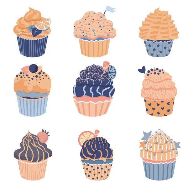 Ensemble Petits Cupcakes Mignons Avec Crème Des Baies Délicieux Dessert — Image vectorielle