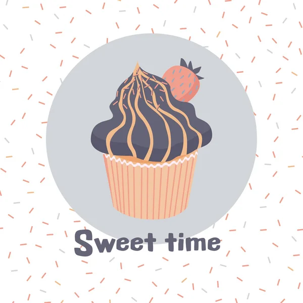 Carte Temps Douce Avec Cupcake Mignon Muffin Bleu Avec Fraise — Image vectorielle