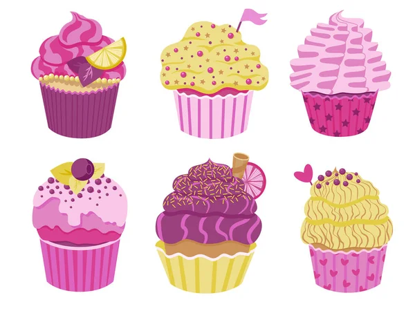 Set Cute Little Cupcakes Cream Berries Delicious Dessert Different Decor — Stock Vector