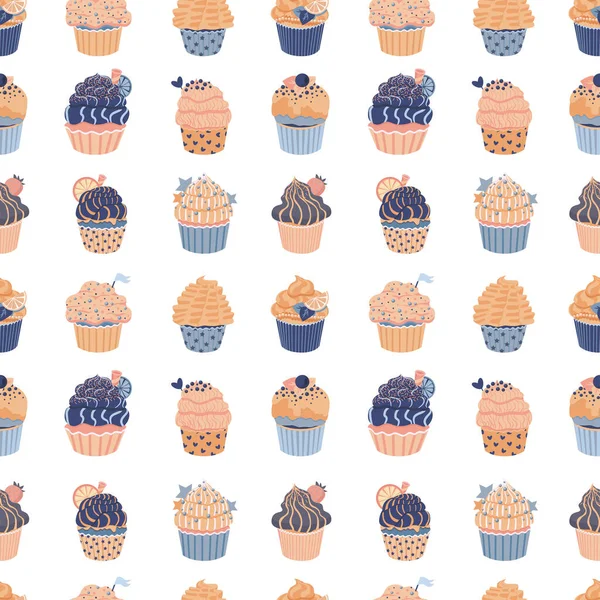 Gâteau Bleu Modèle Sans Couture Avec Des Muffins Mignon Imprimé — Image vectorielle