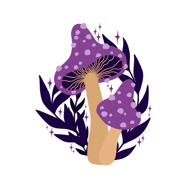 Пурпурные Грибы Темные Листья Звездами Белом Фоне Волшебное Колдовство Ручной Лицензионные Стоковые Иллюстрации