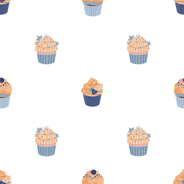 Mavi Kek Muffinlerle Kusursuz Desen Açık Pastel Renklerde Şirin Çocuk — Stok Vektör