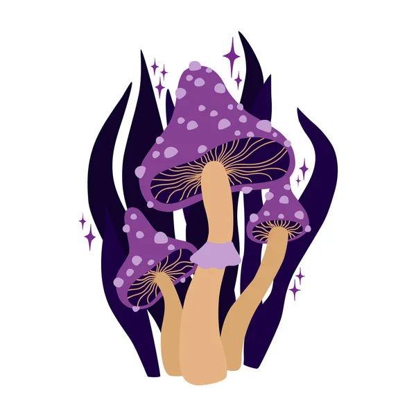 Пурпурные Волшебные Грибы Темно Синие Листья Искусство Колдовства Хэллоуина Векторная Стоковый вектор