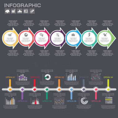 7 seçenekli iş konsepti, parçalar, adımlar veya süreçler. İş akışı düzeni, diyagram, sayı seçenekleri, web tasarımı için kullanılabilir.