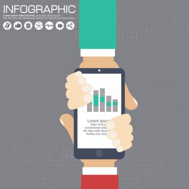 Tıbbi simgelerle dolu bir tabletin ekranına iki elle dokunmak. Vektör.