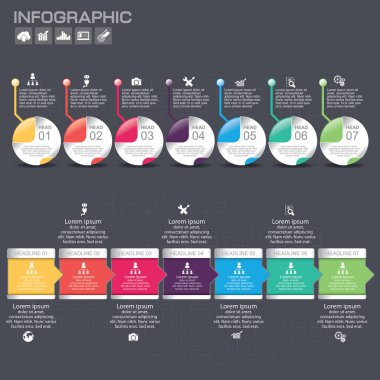 7 seçenekli iş konsepti, parçalar, adımlar veya süreçler. İş akışı düzeni, diyagram, sayı seçenekleri, web tasarımı için kullanılabilir.