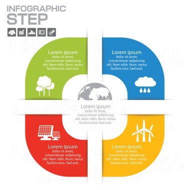 Beyaz arkaplanda izole edilmiş açıklayıcı metin alanı olan dört taraflı, düz gökkuşağı spektrumlu renkli bulmaca sunumu bilgi grafiği. Vektör grafik şablonu.