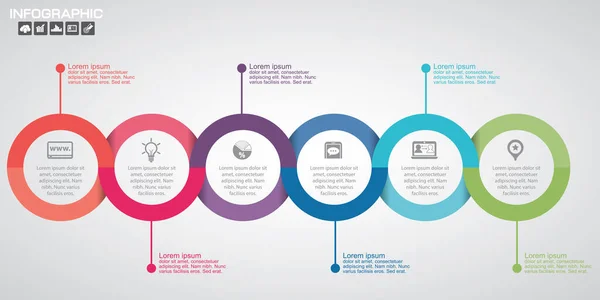 6 seçenekli zaman çizelgesi bilgi grafikleri tasarım şablonu, işlem şeması, vektör eps10 illüstrasyonu