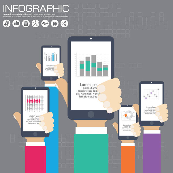 Two hands touching screen of a tablet with medical icons. Vector.