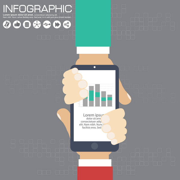 Two hands touching screen of a tablet with medical icons. Vector.