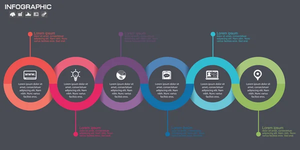 6 seçenekli zaman çizelgesi bilgi grafikleri tasarım şablonu, işlem şeması, vektör eps10 illüstrasyonu