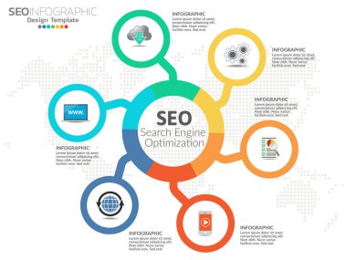 İş dünyasının 6 bölümünün iş akışı şeması, diyagramı, raporu, web tasarımı için kullanılabilir. Seçenekleri, adımları veya süreçleri olan iş kavramı.
