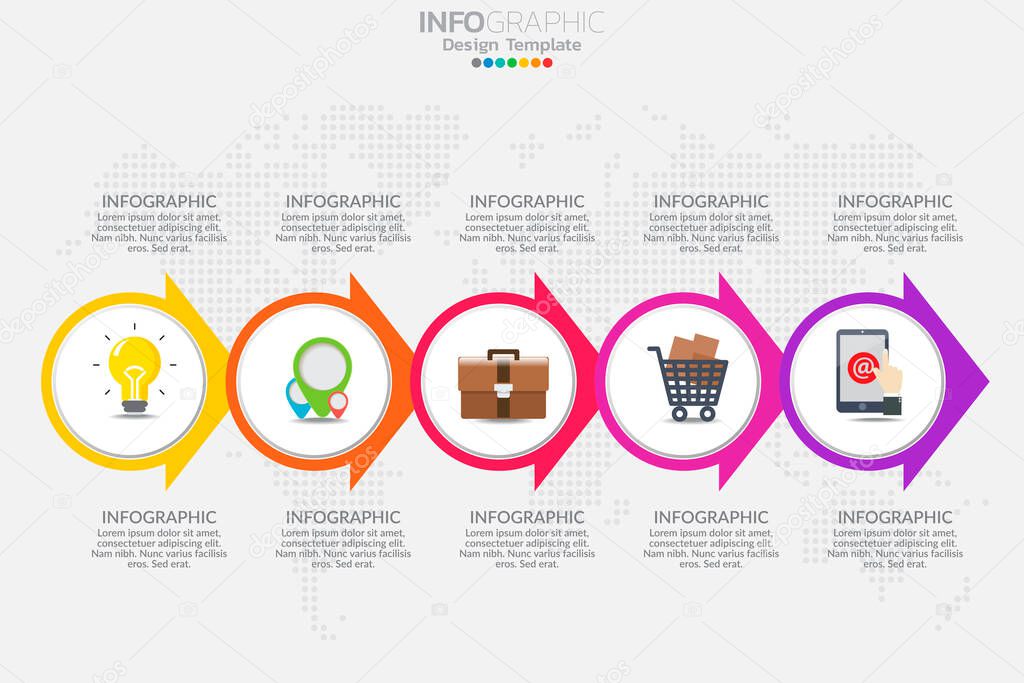 Five Steps timeline infographic design vector and icons can be used for workflow layout, diagram, report, web design. Business concept with options, steps or processes.