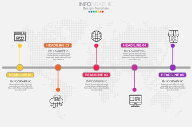 İş akışı düzeni, diyagram, rapor, web tasarımı için beş adım zaman çizgisi bilgi dizaynı vektörü ve simgeler kullanılabilir. Seçenekleri, adımları veya süreçleri olan iş kavramı.