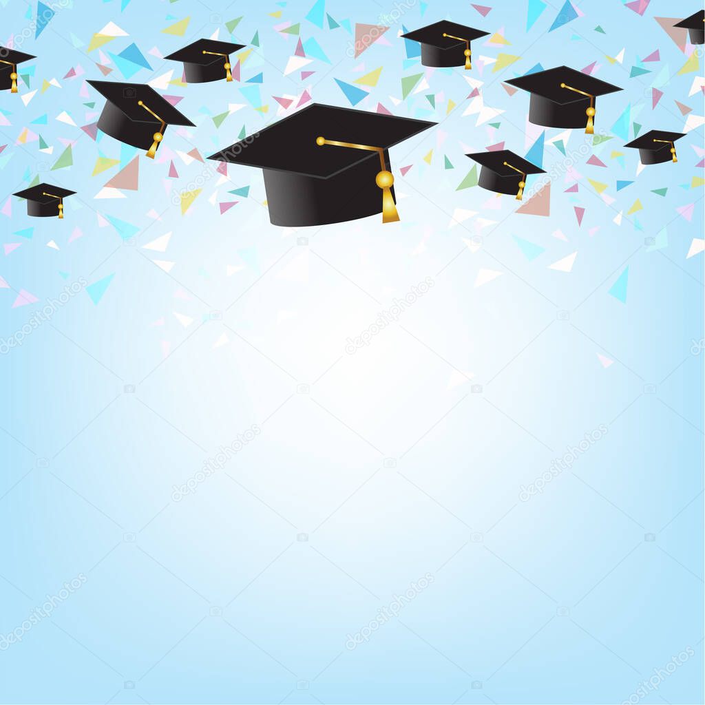 Education concept with graduation caps on background.