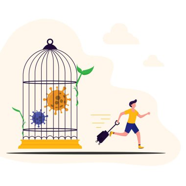 Covid-19 Corona Virüs Kriz vektör Tasarım Şablonu 'ndan sonra gidiyoruz. Mutluluk turisti kafese kapatılmış Corona 'nın peşinden koşuyor, bavullu gezgin yeni seyahat konseptine başlıyor..