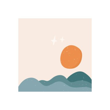 Soyut çağdaş trend arka plan vektör tasarımı. Ay, güneş, dağlar ve pastel renklerle el çizimi soyut estetik arka plan.