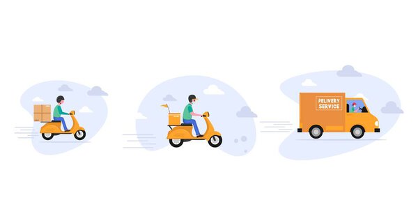 Online delivery service vector design template. Man with Scooter, truck, bicycle courier for delivery product illustration concept.